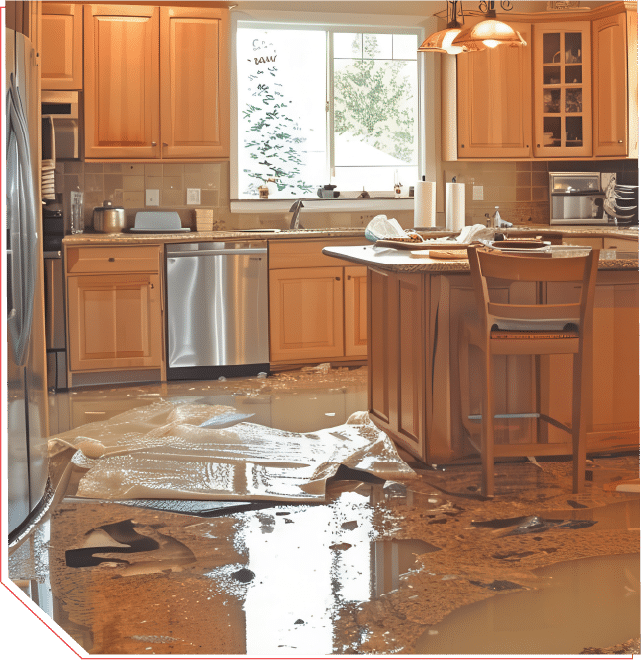 a large kitchen with water all over the floor and wooden cabinets