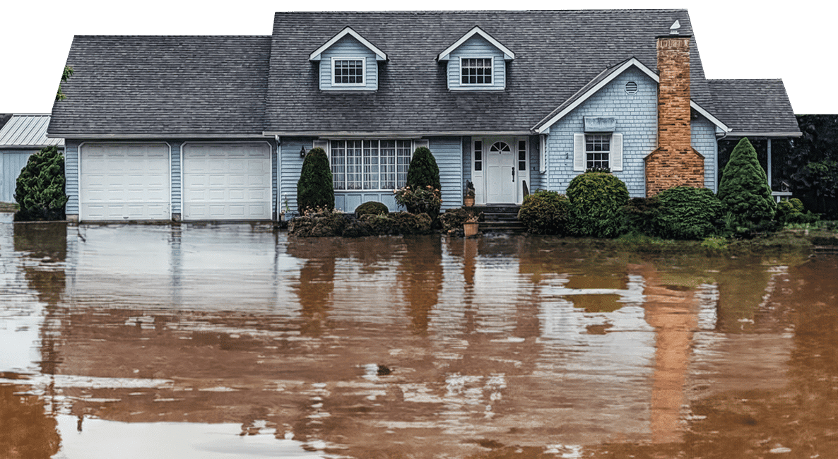 a small house surrounded by water